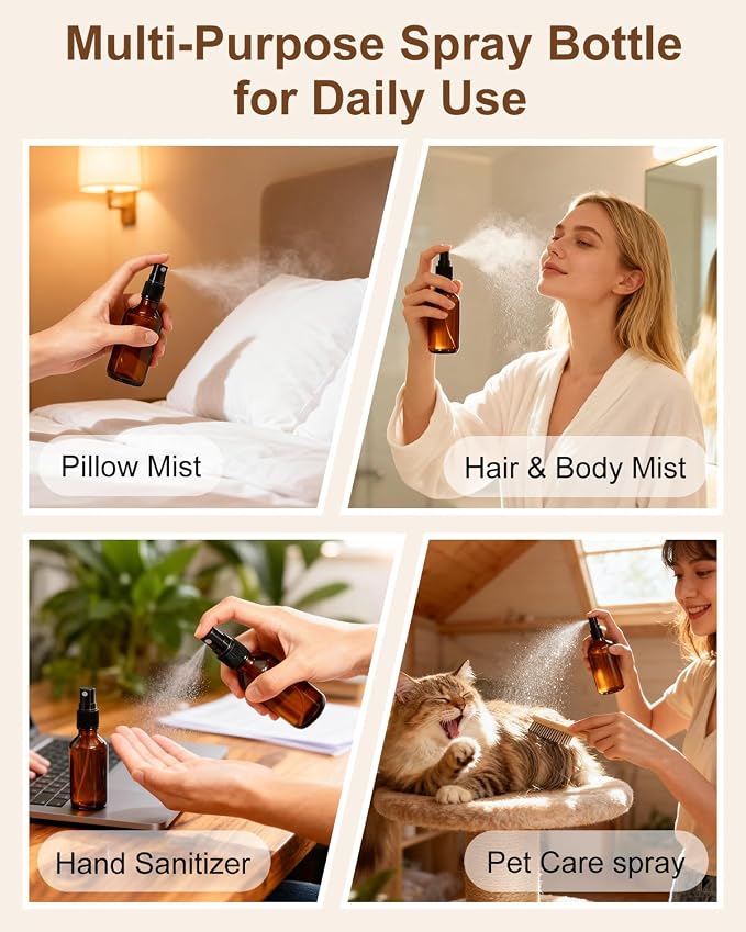 KEYWING 36 Pack 2oz Mini Amber Glass Spray Bottles for Essential Oils | Empty Small Fine Mist Spray Bottles Bulk for Cleaning, Hair, Travel, Plants, Skin Care