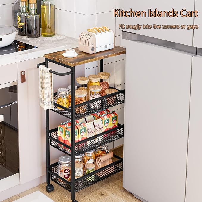 AZERPIAN Slim Rolling Cart 4 Tier Narrow Storage Cart on Wheels with Metal Handle for Kitchen Dining Living Home Laundry Room