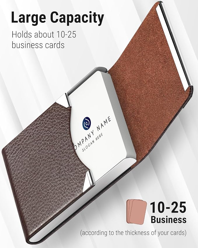 MaxGear Business Card Holder, PU Leather Business Card Case, Coffee | Stainless Steel Interior, Magnetic Closure, RFID Blocking, Holds 15–25 Standard Business Cards