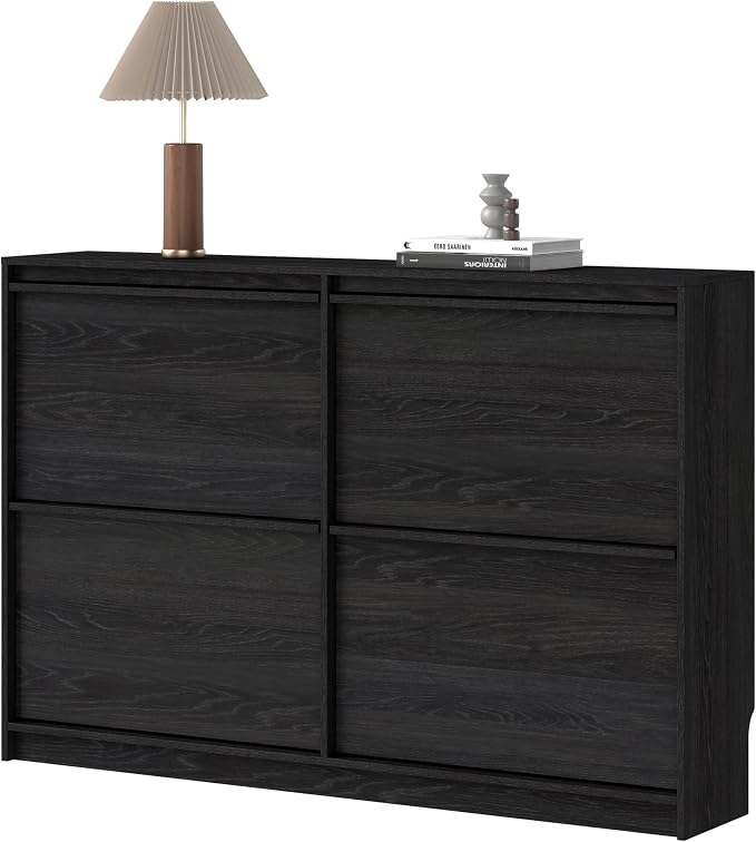 Shoe Cabinet with 4 Flip Drawers, Modern Narrow Shoe Storage Cabinet Organizer with Adjustable Shelf, Hidden Freestanding Shoe Rack for Entryway, Hallway, Living Room, Black