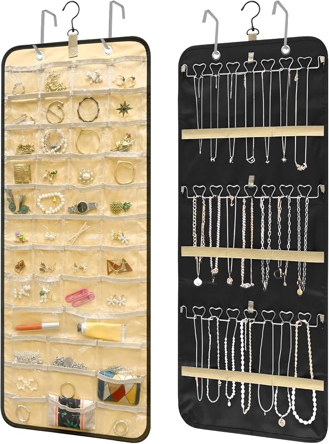 Bloss Upgraded Version Hanging Jewelry Organizer-43 Pockets in 3 Sizes, Dual-Sided Hanging Jewelry Organizers and Storage for for Earrings, Rings, Bracelets, Necklaces