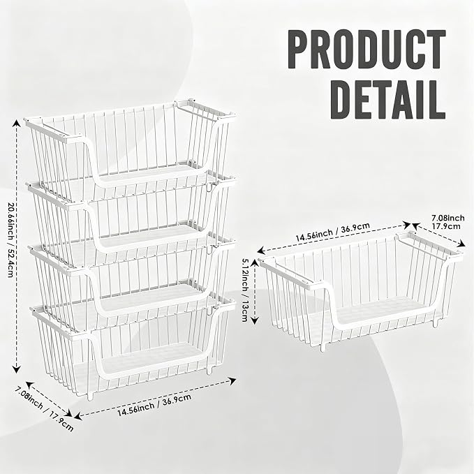 GAOKASE 4 Pcs Stackable Wire Baskets for Pantry Organizers and Storage,Vegetable Fruit Basket for Countertop,Kitchen Storage Metal Baskets,Produce Potato Onion Storage Bin,White