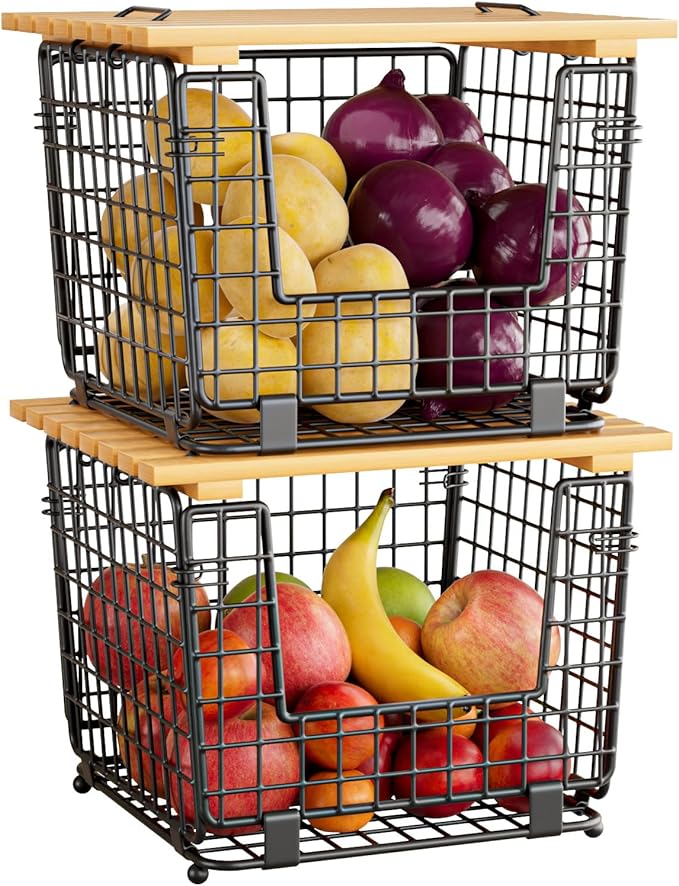 Wire Storage Basket for Kitchen Pantry: GGIU Stackable Kitchen Counter Organizers - Wire Organizing Bin for Produce Fruit Vegetable Potato and Onion Black