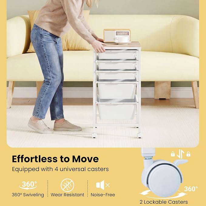 GOFLAME 5-Drawer Rolling Storage Cart, Craft Storage Cart with Wooden Tabletop and Lockable Wheels, Art Cart Supply Storage Organizer with Metal Frame for Home Office Classroom, White
