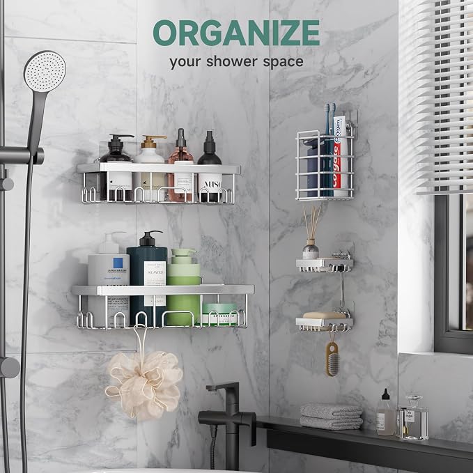 Veken Adhesive Shower Caddy 5-Pack,Heavy Weight Bearing,Large Wall Mounted Shower Shelves Rack,Organizer Storage Accessories with Soap Dish&Toothbrush Holder,Ideal for Bathroom,Home&Kitchen,Silver