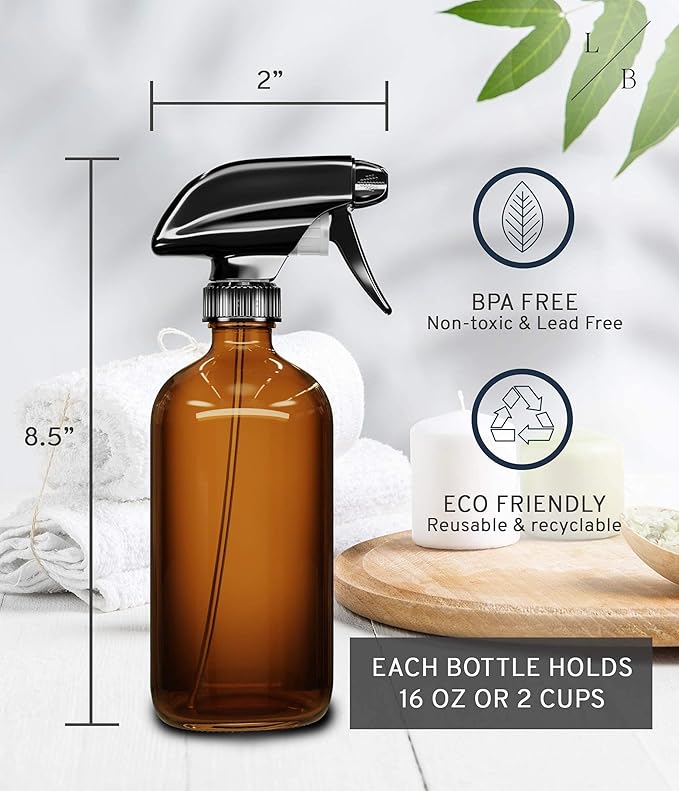 LiBa Amber Glass Spray Bottles 2 Pack 16oz Refillable Adjustable Nozzle | Amber glass blocks UV, safe for essential oils, bleach, vinegar, mist or stream