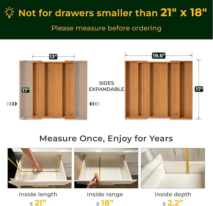 Carbonized Bamboo Kitchen Drawer Organizer, 5 Slots Expandable Silverware Organizer, Utensil Holder & Cutlery Tray, 2.2" Deep for Extra Capacity, Non-Slip Feet Included.