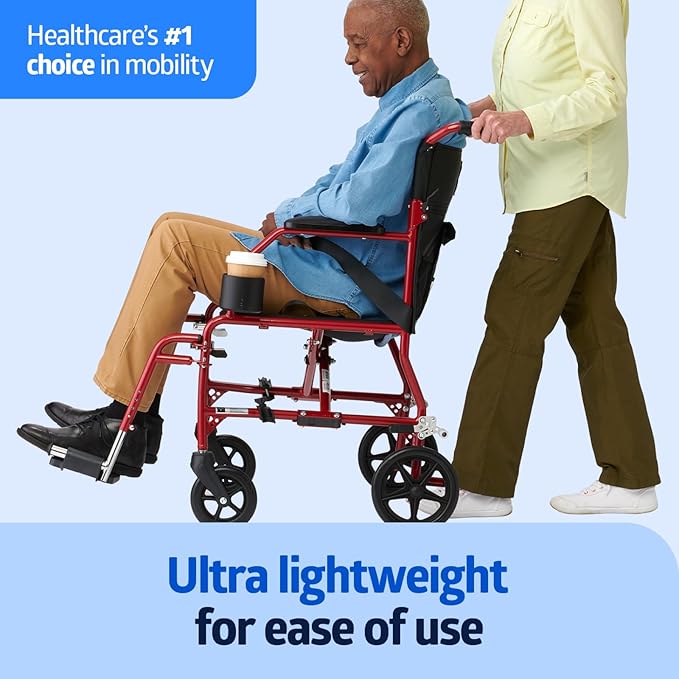 Medline Ultra Lightweight Transport Wheelchair for Adults, Foldable, 19-Inch Seat Width, Red Frame, Black Upholstery