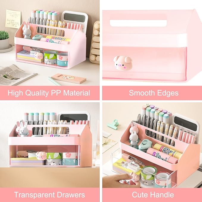 SAYEEC Desk Organizer with Drawer, Multi-Functional Pencil Pen Holder with Handle and 6 Compartments, Cute Makeup Organizer Storage Box, Desktop Accessories Caddy for Office School Home Art Supplies