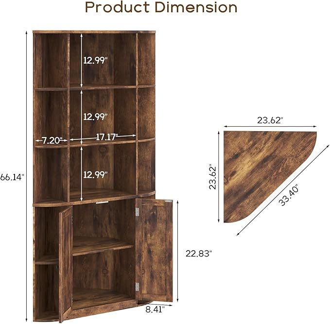 Vabches Corner Storage Cabinet, Farmhouse Storage Shelf with Bottom Cabinet, 67” Tall Corner Bookshelf with Barn Doors and Adjustable Shelf for Study, Living Room and Bedroom(Rustic Brown)