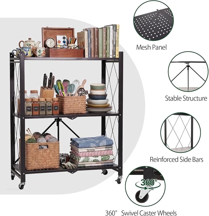 3-Tier Foldable Storage Shelf with Wheels – Heavy Duty 550 LBS Capacity, Collapsible Metal Steel Rolling Rack for Garage, Kitchen, Pantry, Office – Black