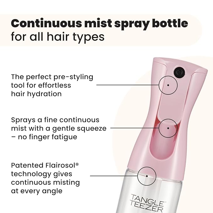 TANGLE TEEZER Travel-Size Fine Mist Spray Bottle, 6.1 oz, Millennial Pink | Travel-size reusable, refillable fine-mist continuous spray bottle; refreshes, detangles & styles hair on the go