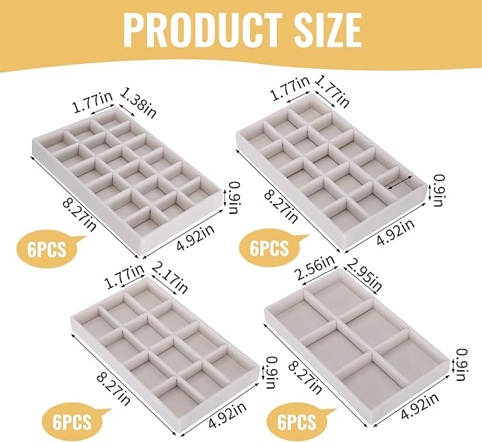 24 Pack Stackable Jewelry Organizer Trays, 4 Size Velvet Tray for Drawer | beige flocked lining, protects rings necklaces, grid compartments, different sizes, fits countertop display, gift