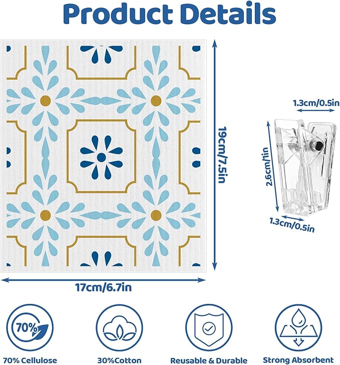 Needbrock 6 Pack Swedish Dishcloths for Kitchen,Swedish Rags Dish Towels with Clips, Reusable Paper Towels Washable Absorbent Cellulose Sponge Cloths for Countertop Dishes Sink Kitchen