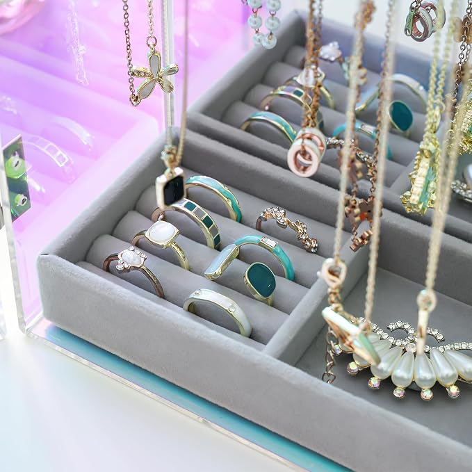 Lolalet Necklace Holder Organizer, Acrylic Jewelry Organizer with 24 Hooks, Rotating Clear Necklaces Display Box with Built-in Mirror, Dust-proof Jewelry Storage Case with Velvet Tray -Lasermirror