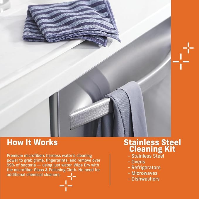 E-Cloth Stainless Steel Microfiber Cleaning Cloth Pack - Glass & Polishing + Stainless Steel Cleaner Cloth for Appliances, Cars & More, Reusable & Washable Microfiber Towels, Cleans with Water