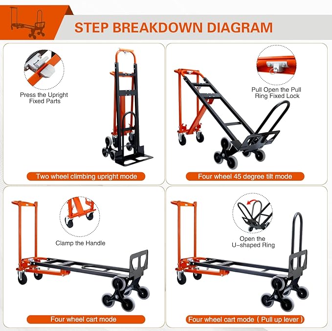 3 in 1 Industrial Convertible Hand Truck,1000 LBS Capacity Stair Dolly,Heavy Duty Hand Truck Dolly Cart with Stair Climbing Wheels and Dual Handles for Transport,Moving (Orange)