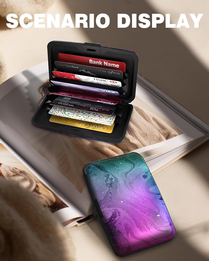 Maicican Credit Card Holder, Mini RFID Blocking Aluminum Wallet | Slim Metal Hard Case Travel Wallet ID Case for Women and Men, 4.3 x 2.9 Inches, Purple Marble