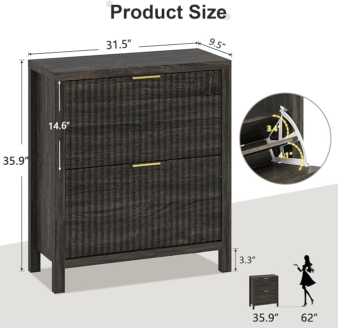 YOMILUVE Shoe Cabinet Storage for Entryway, Fluted Shoe Cabinet with 2 Flip Drawers, Hidden Shoe Rack Tall Freestanding Shoe Organizer with Legs for Hallway, Dark Gray