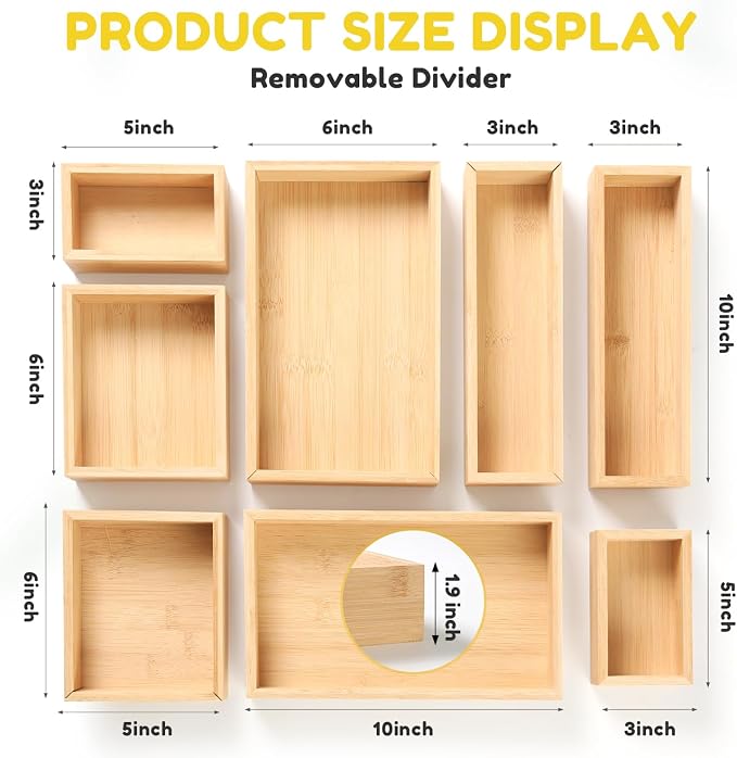 lilLittle Bamboo Drawer Organizer, 8 Pcs Multi Purpose Drawer Organizer Set | Wood Wax Oil Finish, Natural Bamboo, Sturdy, Space Saving, Versatile Storage, Easy to Clean