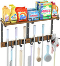 Mop Holder Wall Mount with Cleaning Supplies Organizer, Wood Mop and Broom Hanger Rack Organizer with Anti-Fall Wall Shelf with 5 Clips & Hooks for Garage Laundry Room Kitchen (Brown)