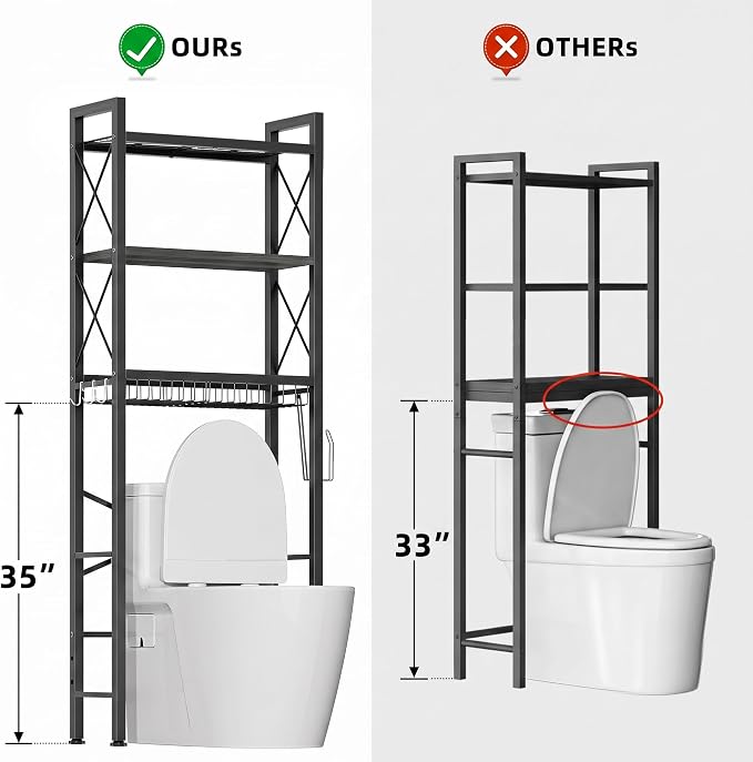 Kalrin Over The Toilet Storage with X Shape Side Guardrail, 3-Tier Over Toilet Storage Rack with Drain Basket, Freestanding Bathroom Organizer for Balcony Laundry, Oak Grey