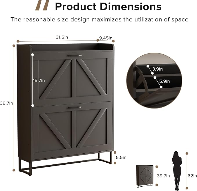 EOYUTLLY Shoe Cabinet for Entryway with 2 Flip Drawers,Narrow Wooden Shoe Storage Cabinet with Metal Legs,Hold 24 Pairs, 4-Tier Adjustable Shelves–Freestanding Hidden Shoe Organizer for Hallway, Foyer