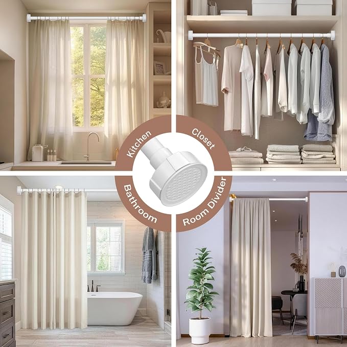 Shower Curtain Rod Tension No Drill Adjustable 48-74 Inch, White | One-Piece Single Telescopic Rod No Splicing, 1" Diameter Anti-Rust Heavy Duty for Bathroom Window Room Divider Bedroom Closet