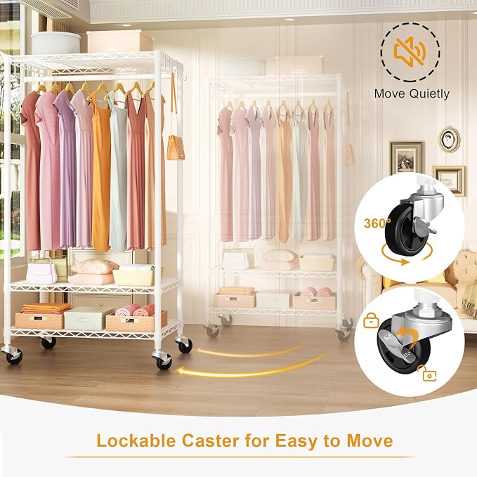 FUTASSI Rolling Clothes Rack, Clothing Racks for Hanging Clothes, White | P6 Heavy Duty Garment Rack with Wheels, 3 Tier Freestanding Portable Closet Rack with Shelves, 35.5 In Wide, Max Load 380 LBS