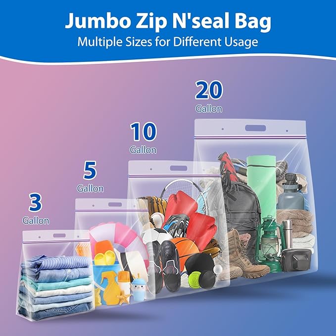 Zipper Storage Bags with Handle and Bottom, Pack of 12, 3 Gallon Heavy Duty Clear Handy Plastic Bag, 16"x18" Reusable Large Zip Storage Bag for Sports, Travel, Moving and Clothes, 3-Mil Thick