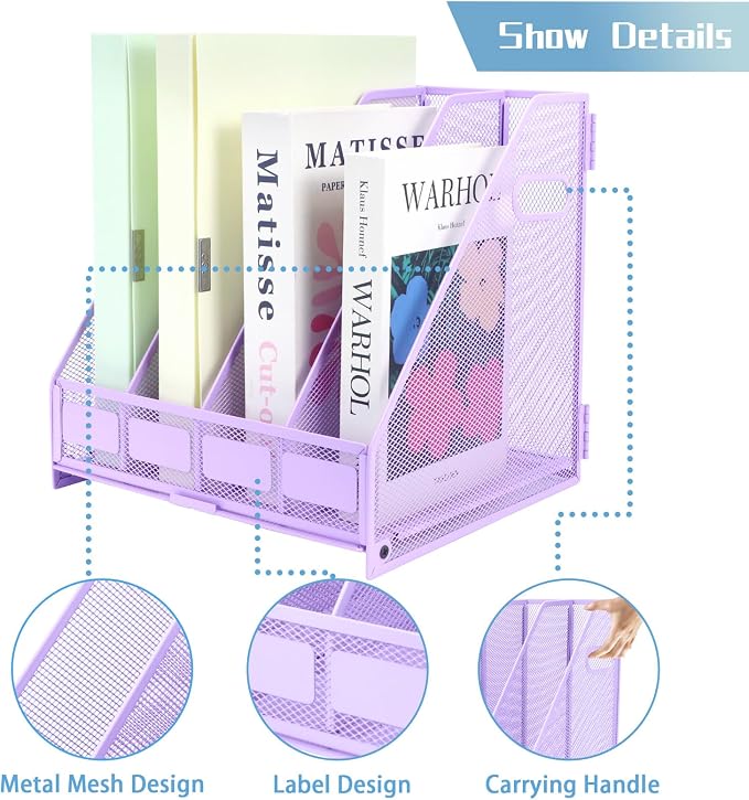 Desk Organizers Metal Magazine File Holder Racks Desktop Folder Storage Binder Organiser Document Organization for Home Office & Classroom,4 Vertical Compartments-Purple