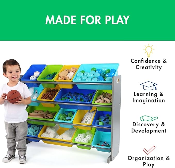 Humble Crew Toy Storage Organizer with 16 Removable Storage Bins for Kids Playroom, 4-Tier Toddler Toy Organization and Storage, Grey/Blue/Green/Yellow