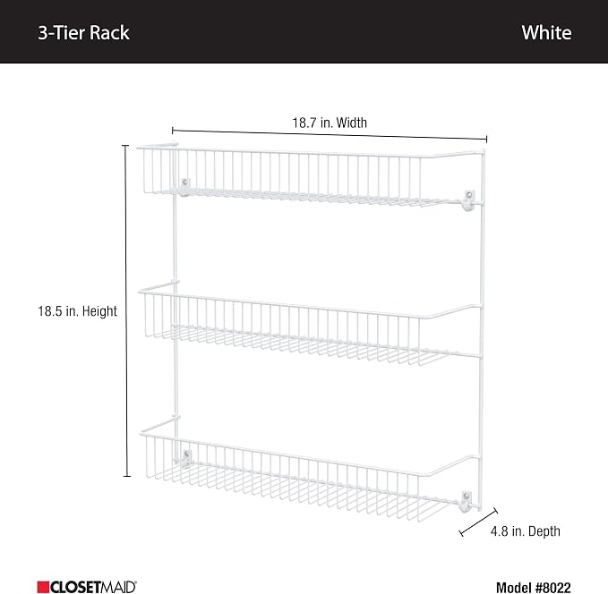 ClosetMaid 3-Tier Wall Rack Ideal for Spices, Pantry, Laundry Room Storage and More, 20" H x 19" W x 6" D, White, 2-Pack
