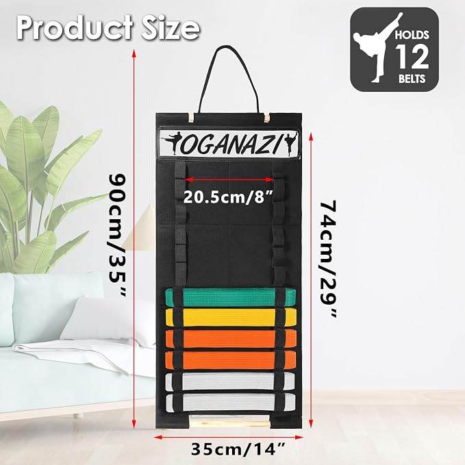 12 Belts Karate Belt Display Rack with Personalized Stickers, Taekwondo Belt Display Holder with Bamboo Medal Rack, Felt Jiu Jitsu Belt Hanging Holder for Taekwondo, Karate, BJJ Learners