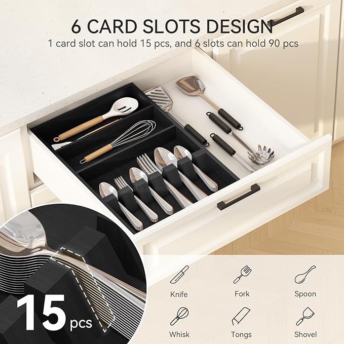Yofidra Pure Bamboo Silverware Drawer Organizer: 16.5 Inch Large Silverware Utensil Tray Holder, 3-Compartment with 6 Card Slots Kitchen Flatware Organizer Home Essentials, 2024 New Upgrade