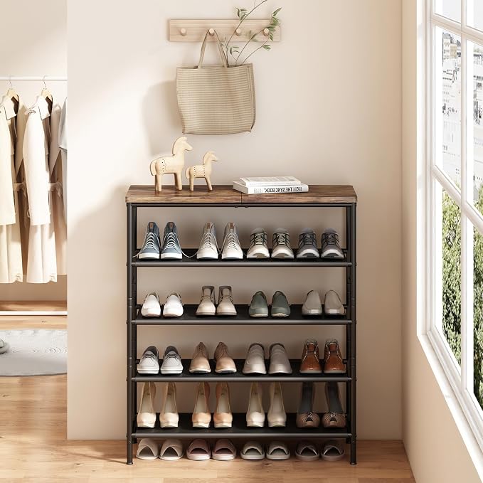 INGIORDAR Shoe Rack Organizer 5 Tier Metal Organizer Shelf with Industrial MDF Board and Layer Fabric for Entryway Closet Bedroom Living Room Garage,Black & Rustic Brown (Black+Rustic Brown, 5 Tier) | Metal space-saving Shoe Shelf stores 20+ Pairs of S...