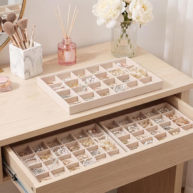 Unittype Set of 4 Stackable Jewelry Organizer Tray for Drawer Inserts Velvet Necklace Earring Bracelet Ring Holder Jewelry Display Storage Box for Bangle Stud Necklace Ring(24 Grid,Beige)