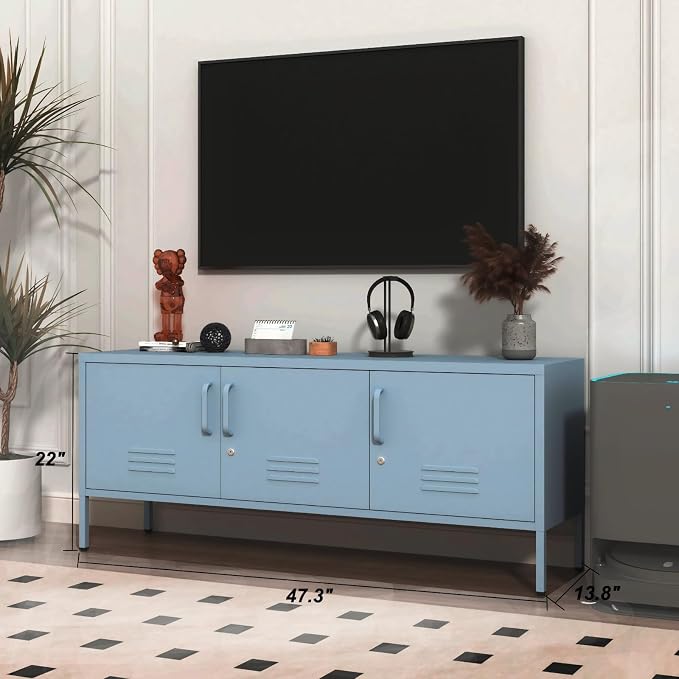 Metal Storage Cabinet-22"Tall Steel TV Stand Cabinet Adjustable Shelves storage locker Lockable Blue Metal Cabinet for Home Office Bedroom Living Room Balcony Entryway Size：22" H X 47.3" W X 13.8" D