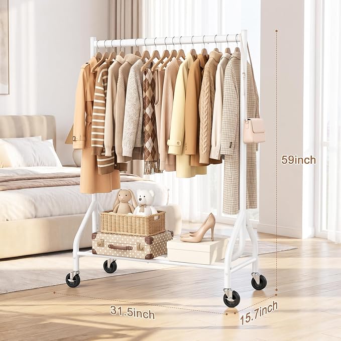 EAGMAK Heavy Duty Clothes Rack Load 268 LBS, 31.5 inch Hanging Rod, White | Metal Frame, Stable Base, Compact Size, Rolling Smooth, For Bedroom Closet Entryway Laundry Living Room Home Garage Storage