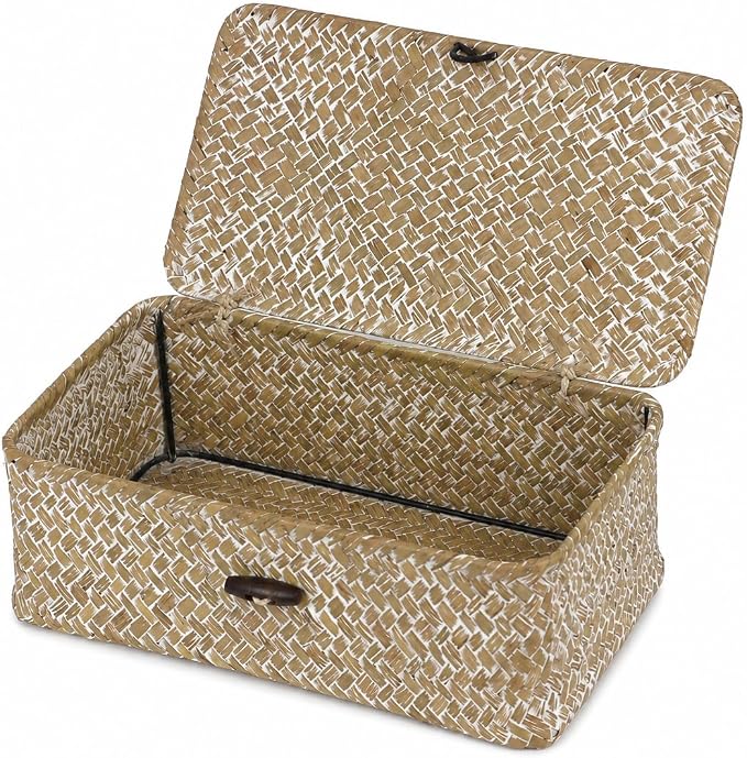 Wicker Basket with Lid, Natural Seagrass Storage Baskets for Organizing, Woven Basket for Storage, Decorative Boxes Bins with Lids Home Organizer Decor (Whitewash, 9.05" x 5.11" x 3.34")