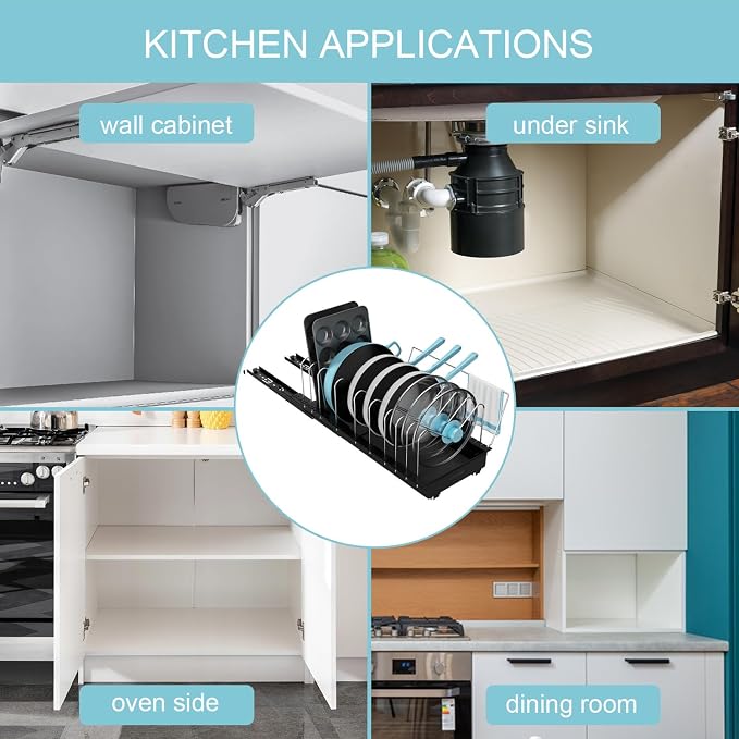 Golener Pots and Pans Organizer Under Cabinet - 22" Deep Expandable | Pot Organizers inside Cabinet with 10 Adjustable Dividers & Handrail, No Drill Pot Lid Holder, Sliding Pot Lid Holder, 1 Pack
