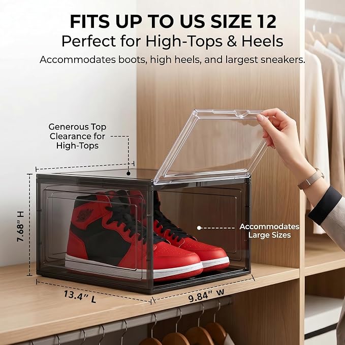 Large Black Shoe Storage Boxes Stackable, 12 Pack Hard Plastic Shoe Storage Organizer with Magnetic Door, Shoe Container Sneaker Storage Display Case Fit up to US Size 12 Black