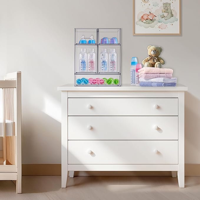 Sorbus Stackable Acrylic Storage Drawers – 4 Small + 2 Wide – 6 Pack Clear Plastic Organizer Bins for Baby Bottles, Makeup, Bathroom & Vanity, Pull-Out Drawer Design for Kitchen Cabinets