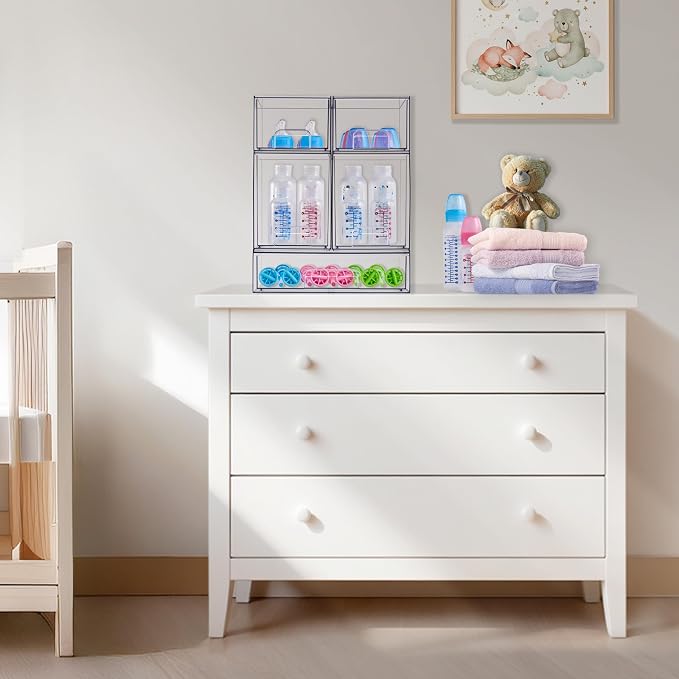Sorbus Stackable Acrylic Storage Drawers, 4 Pack Clear Plastic Organizer Bins for Baby Bottles, Makeup, Bathroom, Vanity & Countertop Organization, Pull-Out Drawer Design for Cabinets & Pantry