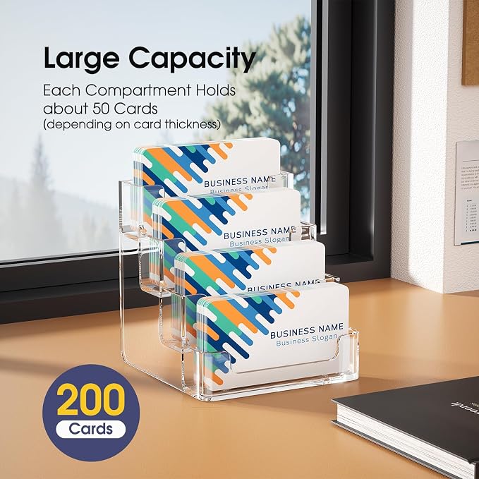 MaxGear Acrylic Business Card Holder, 320 Cards Capacity, 4 Pocket, 6 Pack | Clear Business Card Stand for Desk with 4 Tier, Clear Plastic Cards Display Holder for Exhibition, Home and Office