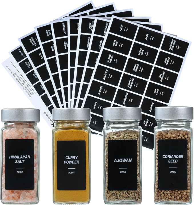 162 Spice Labels Stickers, Preprinted White Spice Jar Labels for Herbs Seasonings, Spice Rack Pantry Organization, Minimalist Black Text (Black)