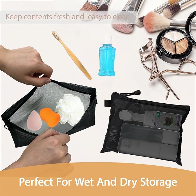 3 Pcs Mesh Zipper Pouch Makeup Bags Set, Portable Mesh Cosmetic Bag Travel Toiletry Storage Bags Pencil Purse Organizer Pouches for Home Office Daily or Traveling Accessories Keep Small Items( Black)
