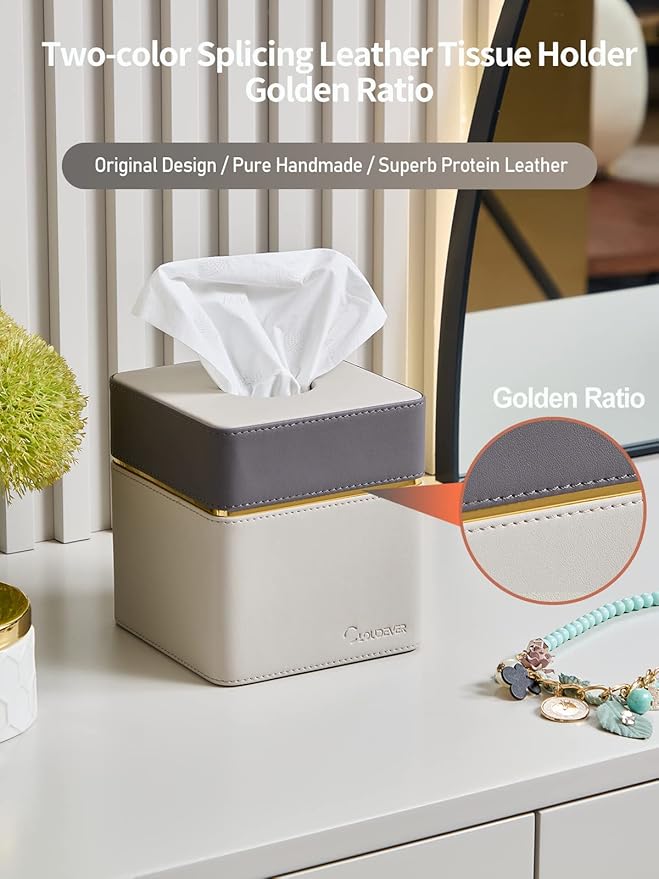 Tissue Box Holder Cover Square, Modern PU Leather Decorative Tissue Cube Holder Organizer - Moon Grey