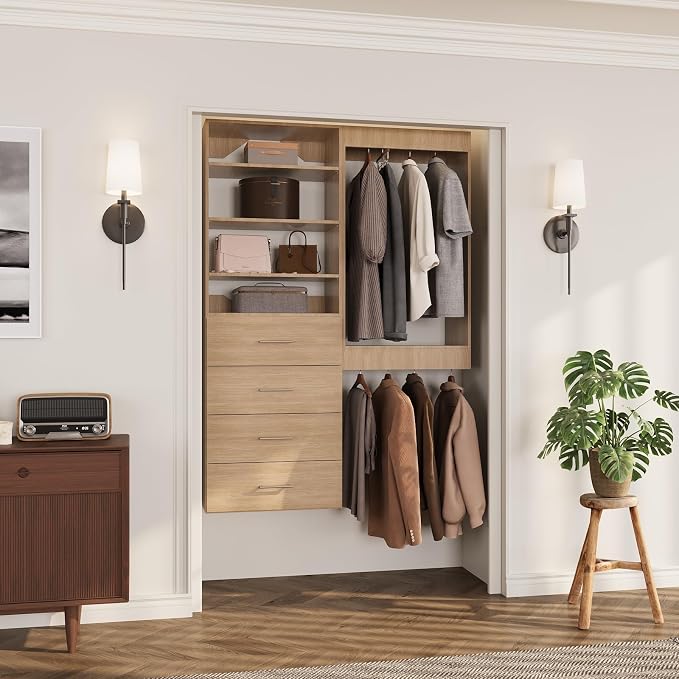 ROOMTEC Modular Closet System, 40" Wall-Mounted Closet Organizer with Drawers and Hanging Rods, Wooden Tower for Walk-In Closets, Wardrobe Storage Kit, Wood