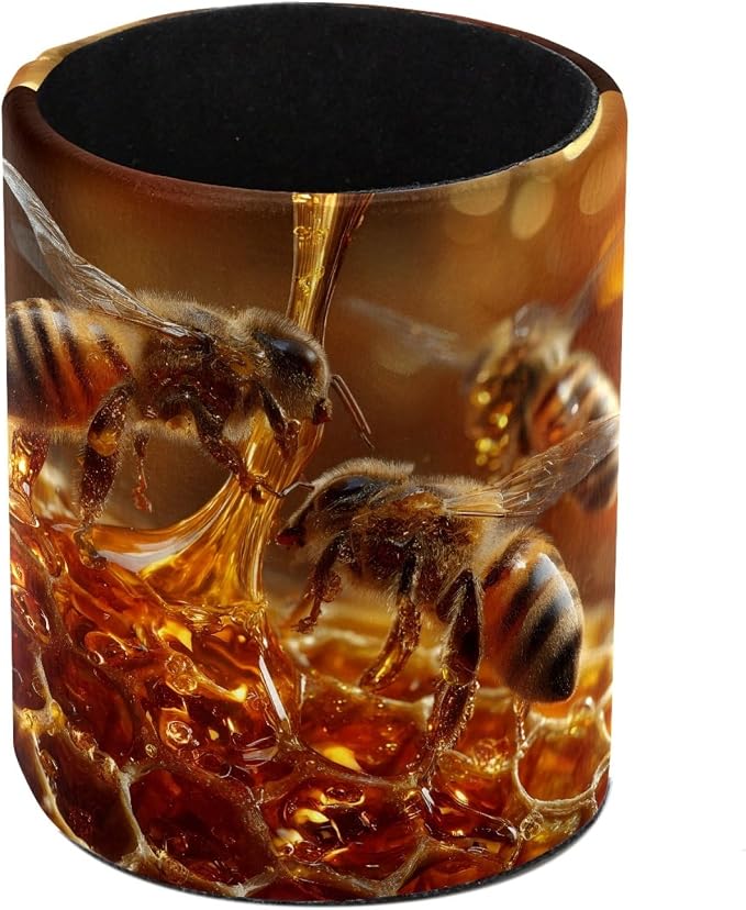 Leather Pen Holder for Desk, Bee Hive Pencil Cup Pen Organizer Makeup Brush Holder for Office Home Kids Countertop Desk Accessory Storage